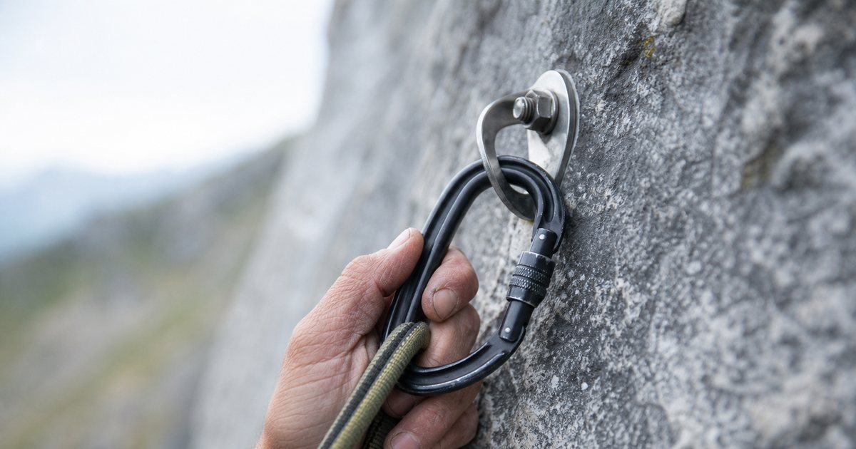 Close up of a climber's hand clipping a rope into a metal anchor bolt on a grey rock face, bright overcast daylight, shallow depth of field