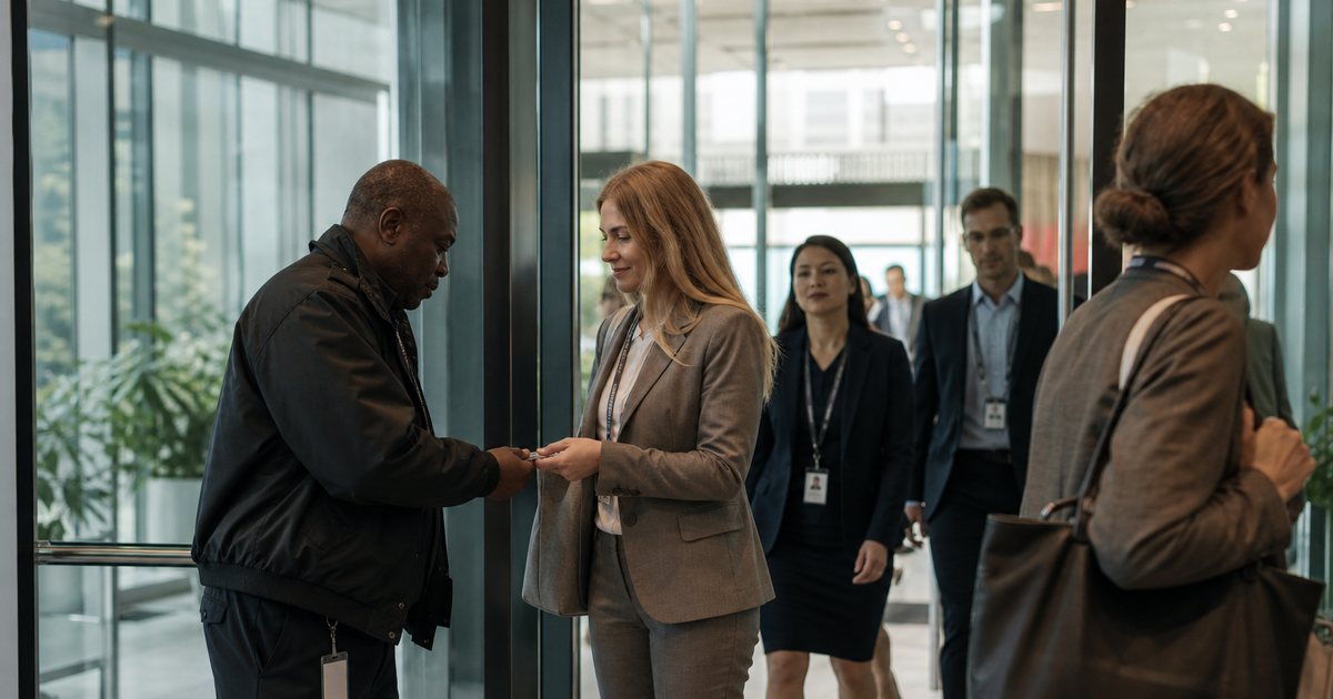 Security guard checking a visitor at a glass office lobby entrance while employees walk through with badges, bright modern interior