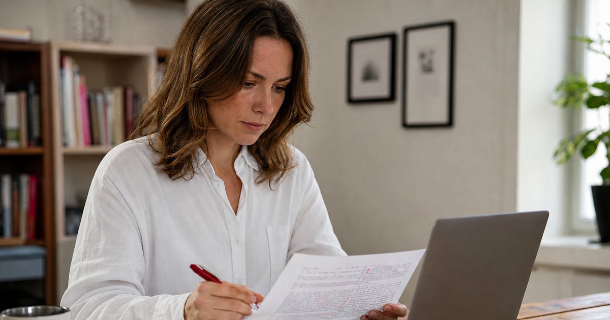 Editor at a wooden desk in a bright home office pausing with a coffee mug in hand, a closed notebook and a red pen beside an open laptop, natural window light