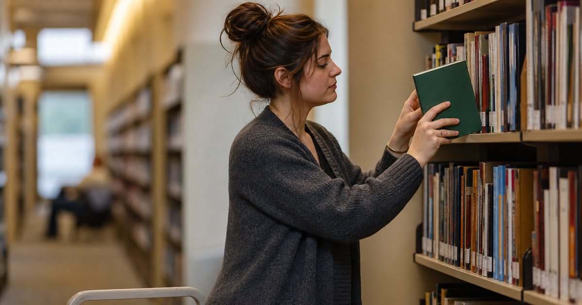 Librarian reshelving loose books from a cart back into the correct stacks in a quiet public library aisle, warm lighting