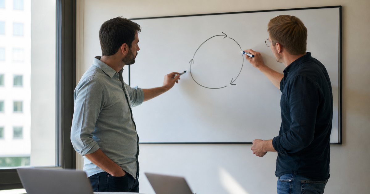 Two engineers in a small office untangling a long coiled network cable together beside a table with open laptops, daylight from a large window