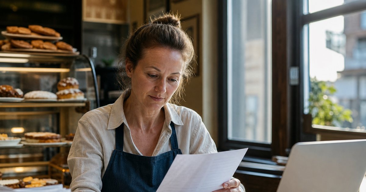 Owner of a small bakery arranging fresh pastries in a glass display case next to a laptop on the counter, morning light through the shop window
