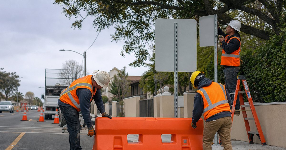 Road crew placing orange temporary traffic cones across a suburban street while a freshly paved lane is rolled smooth nearby, daytime